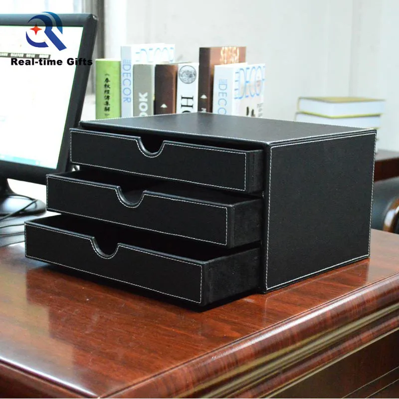 Высококачественный Настольный ящик для хранения файлов из искусственной кожи и дерева со съемными ящиками