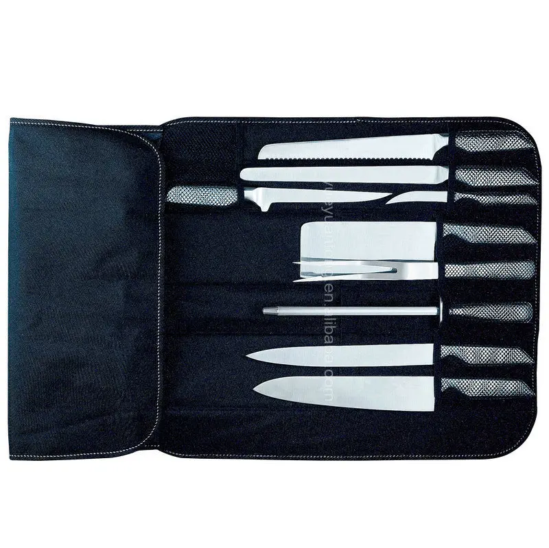 Exclusive Line 9pcs stainless steel rubber knife set with sharpener in roll bag