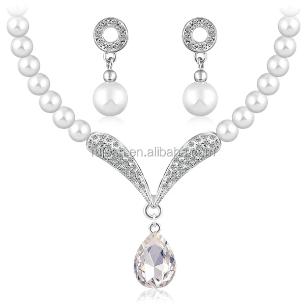 
New elegant womens crystal pendent silver jewelry pearl set 
