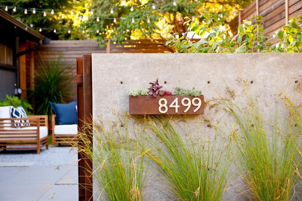 Unique corten steel metal wall mounted flower pot with modern address number plaque
