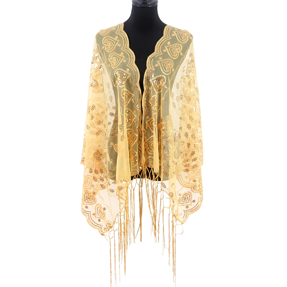 
OEM custom printed lace embroidery wedding sequin shawl scarf women 