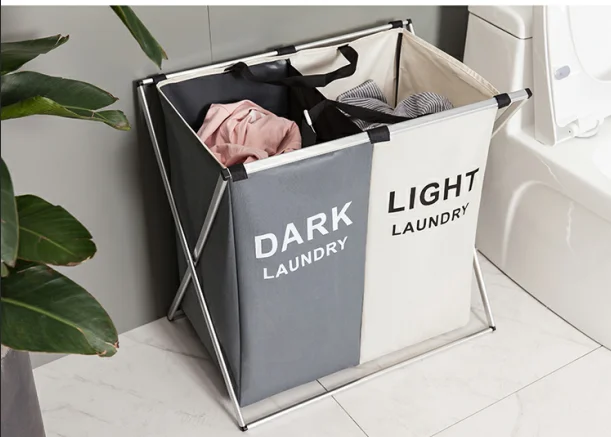 Wholesale 600D oxford  printed laundry hamper collapsible fabric double laundry hamper basket