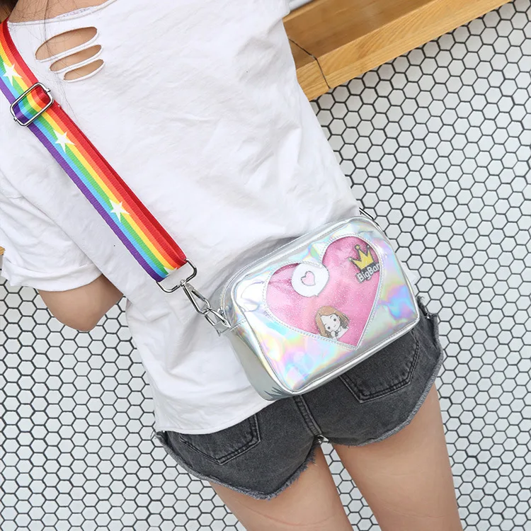 Wholesale new laser Girls heart Transparent messenger bag fashion Kids bag with rainbow belt