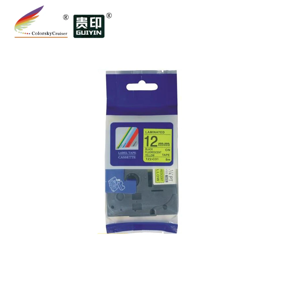 (TZe-C31) флуоресцентный черный на желтом цвете запечатанных лент для картридж принтера brother P-touch TZe-C31 TZ-C31 1/2