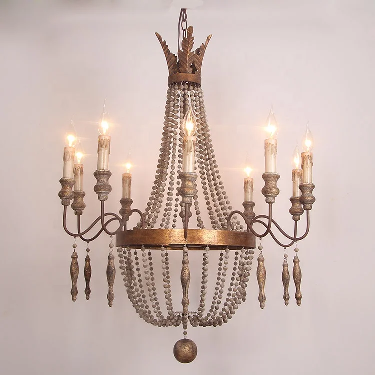 Italian iron hanging pendant lighting,vintage classic wood beaded chandelier