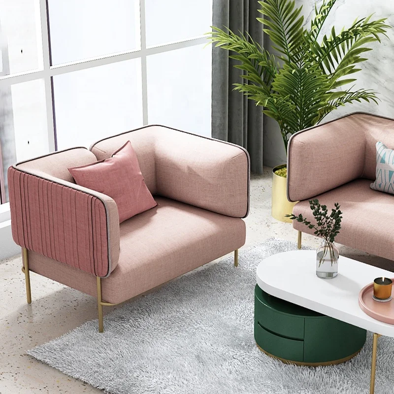 Wholesale Modern Furniture Living Room Metal Leg Pink 2 or 3 Seater Sectional Fabric Sofa