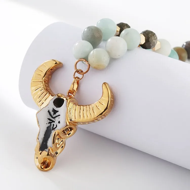 Factory Direct Sales Bull Head Pendant Amazonite  Beaded Men Necklace
