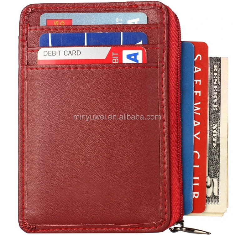 RFID Blocking Sleeves Front Pocket Leather Wallet for Women and Men Mini Card Holder with Zipper and ID Window Genuine Leather