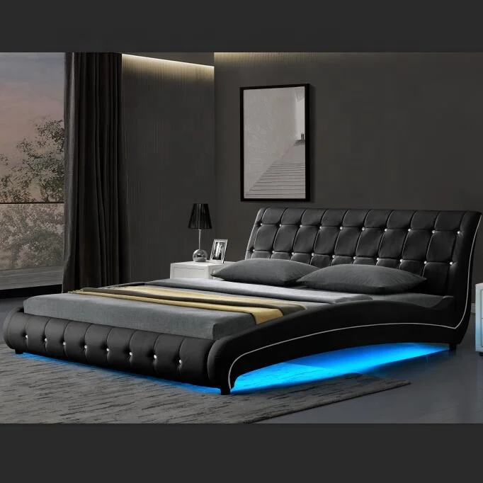 Willsoon bedroom furniture tufted Design faux leather Luxury bed Double wooden Bed Frame with LED Light camas king  headboard