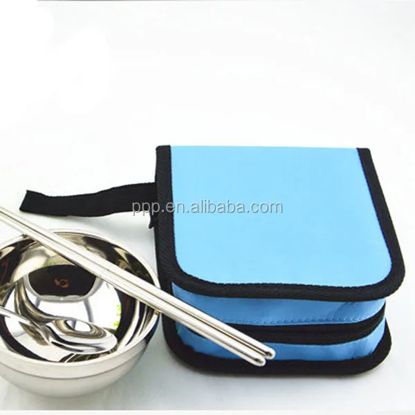 
Outdoor Camping Portable Stainless Steel Cloth Bag Tableware Set 1 Spoon and 2 pairs Chopsticks With One Rice Bowl 