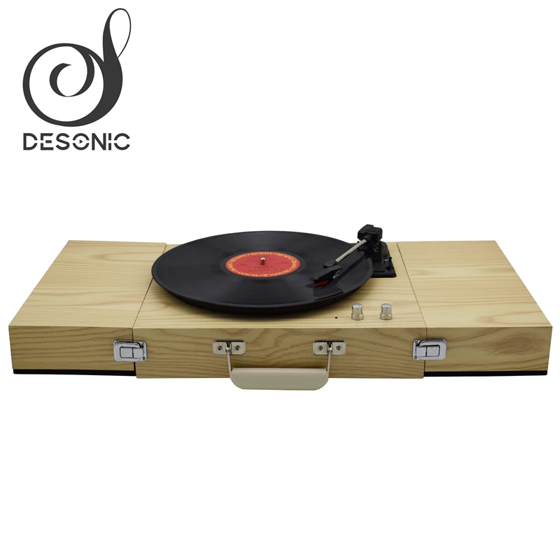 Compact design wooden gramophone record Player vinyl turntable with pitch control, RCA out& foldable Speakers