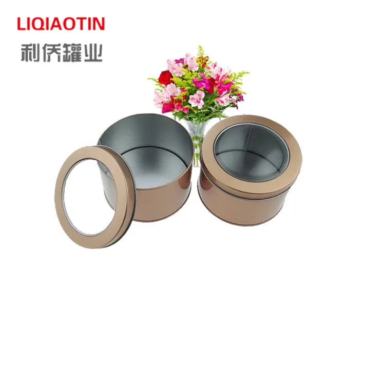 Tinplate champagne gold round 90 * 60mm open window candy tin box, tea dessert watch iron box packaging