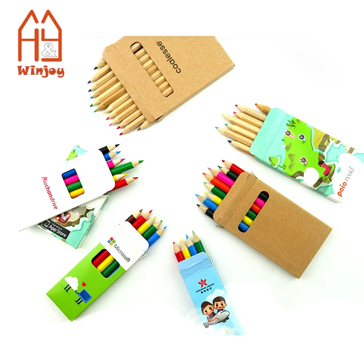 6pcs/8pcs Wooden Drawing Color Pencil Natural Wood Mini Size Custom Paper Box Packing Kids Colored Pencils Art Sets