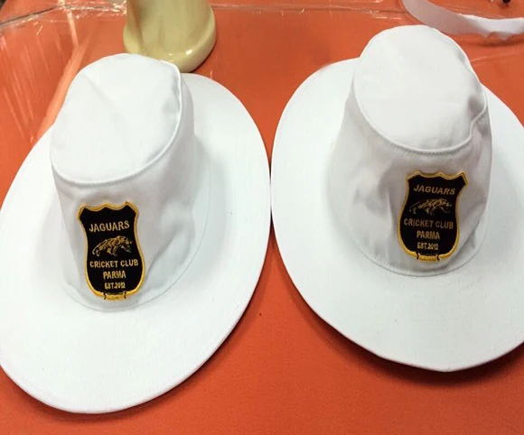 Mens custom white 100% cotton twill with yellow lining with embroidered logo patch sewn on front wide brim cricket hat