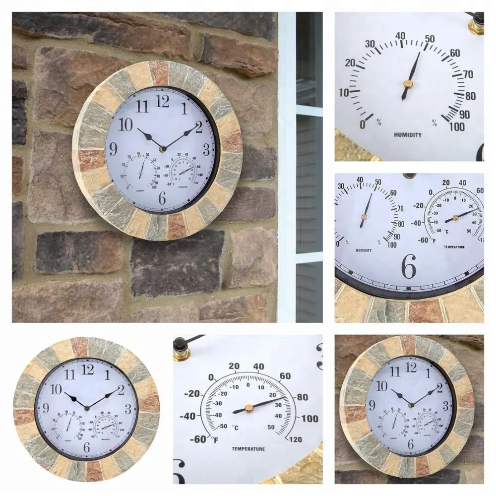14 inch Faux Stone Outdoor garden Wall Clock with thermometer and HYGROMETER