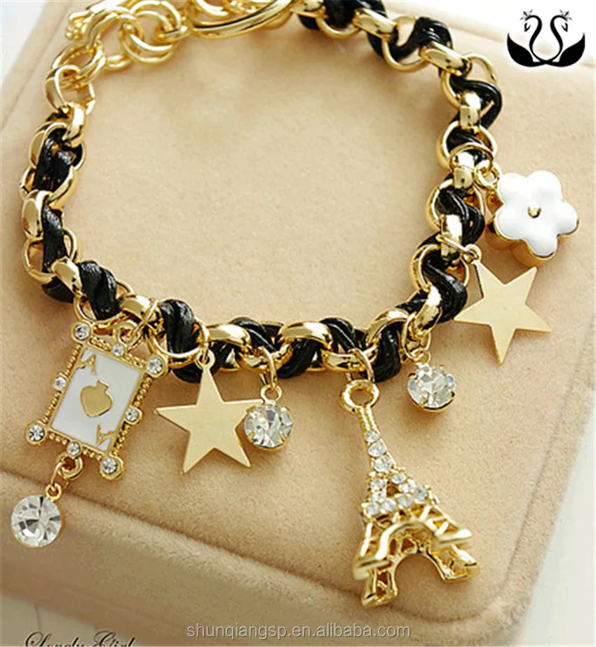 Korea New Style Fancy Women Star Poker Charm Leather Bracelet Jewelry