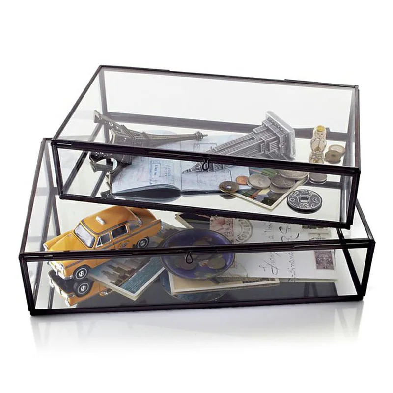 Retro Rectangle Cover Black Gold Brass Glass Jewelry Cosmetic Organizer Box