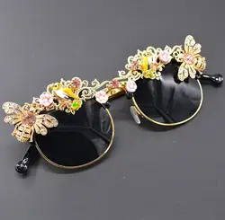 Handmade Luxury Baroque Rhinestone Flower Bee Sunglasses for Women Brand Female Sun Glasses Oculos Crystal Eyewear