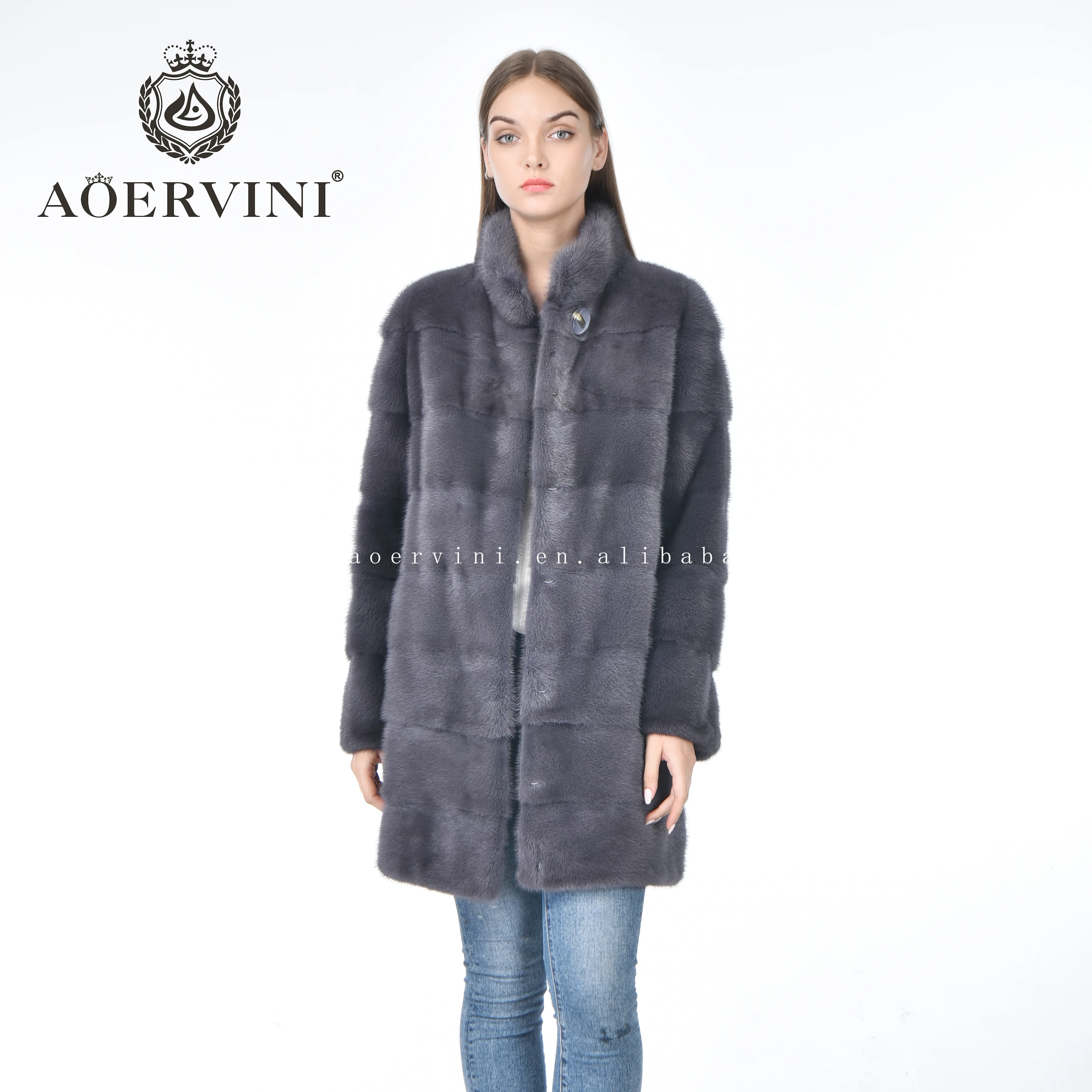 
Fashion classic standing collar hot selling gray women mink fur coat 