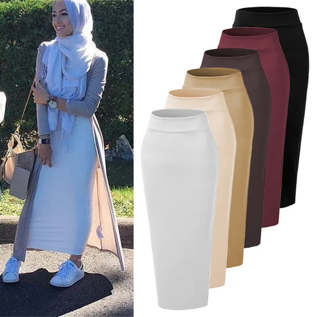 Muslim Fashion Cotton Knitted Brushed Thicken Pack Hips Islamic Women Pencil Skirt Elegant Long Bandage Clothing Ankle-Length
