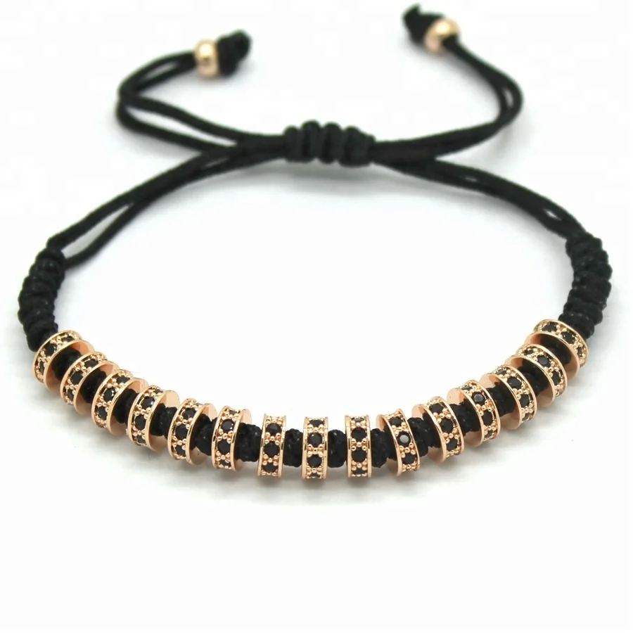New Brand Fashion Women Macrame Bracelets Rose Gold Micro Pave Black CZ Stoppers Beads Bracelet Jewelry Factory Price Wholesale