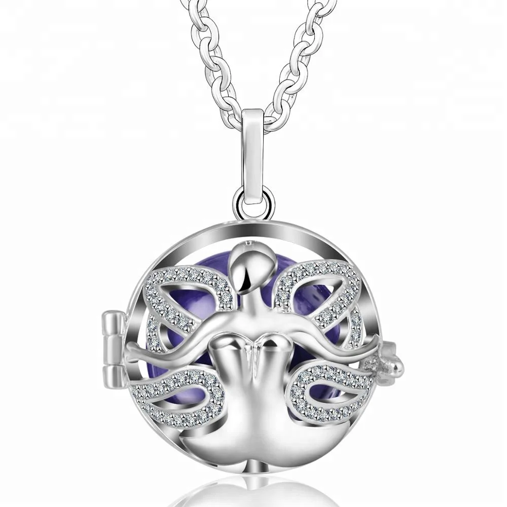 925 Silver Harmony Bola Flower Fairy Crystal Angel Chime Ball Locket Necklace
