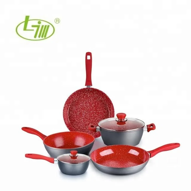 
Outside, Soft Touch Handle, Inductive Base Grey 7-pcs Forged Aluminum Nonstick Cookware Sets, Crimson Marble Longjia Cookware 