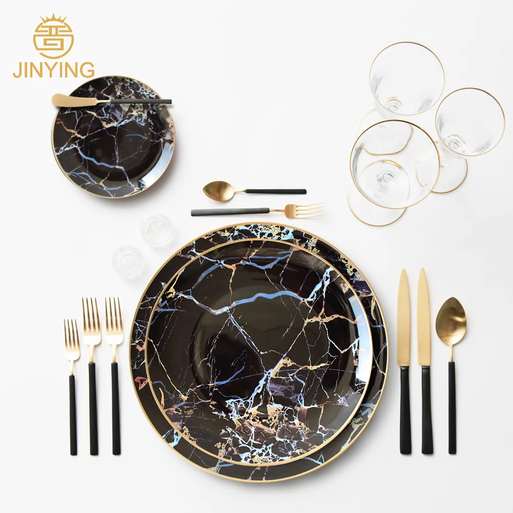 Luxury Wedding Gold Rim Golden Royal Black Marble Opal Dinner Plates Set