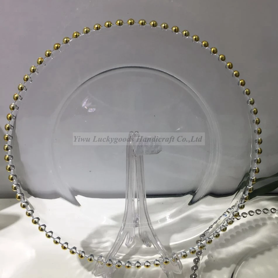 hotel Wholesale Wedding Gold Silver clear steak Glass Charger Plate wedding colored beaded glass charger glass plates