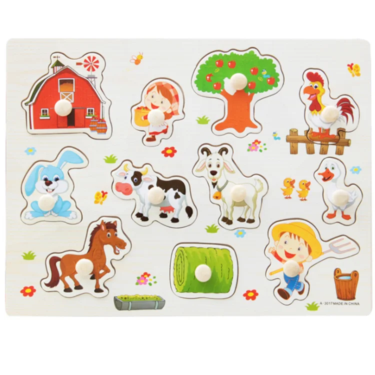 educational toy Montessori toy kids puzzle with knob toddlers cheap price wholesale wooden farm animals puzzle