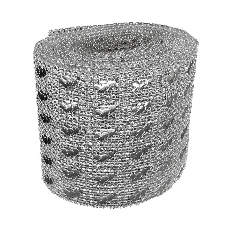 wholesale 24 row Silver Heart Silver Diamante Wedding Table Wrap  motif strass mesh ribbon trim