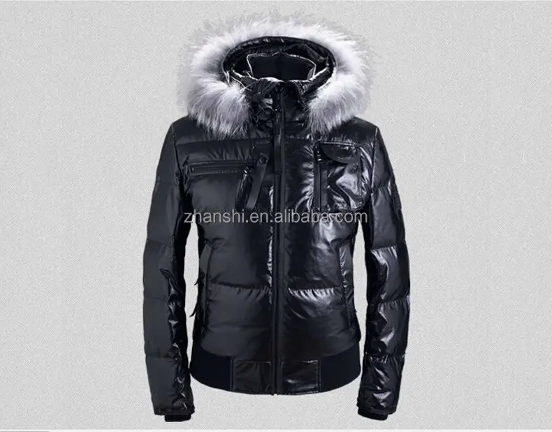 Winter Fashion Black Hooded Fox Fur Trim Turkish Leather Jacket Lightweight Goose Down Coats Men