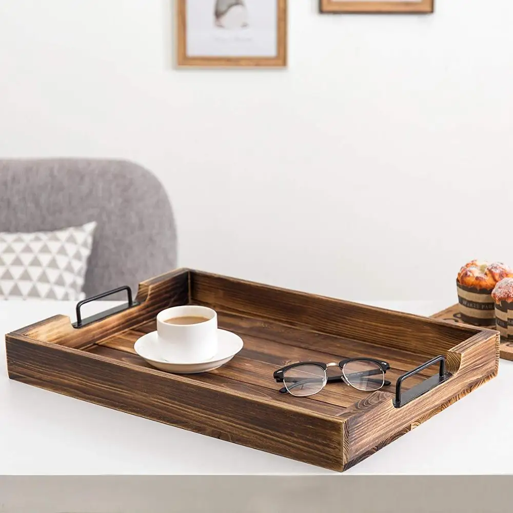 Custom Decorative Vintage Ottoman Tray  Rustic Wooden Tea Serving Tray With Metal Handles