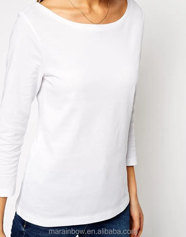 Good Quality White Plain 100% Cotton Womens Boat Neck Long Sleeve Top T Shirt