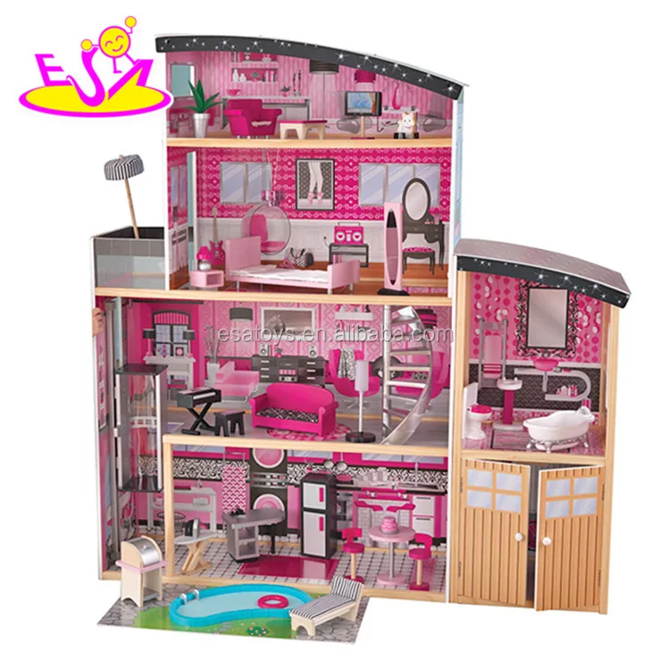 New style 30 furniture pieces children wooden giant doll house for pretend play W06A222
