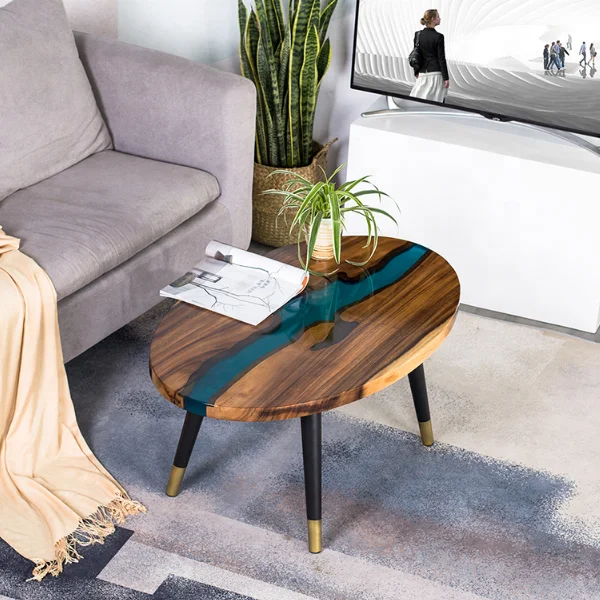 Home Furniture Beautiful clear blue river center solid wood epoxy resin table coffee table for living room