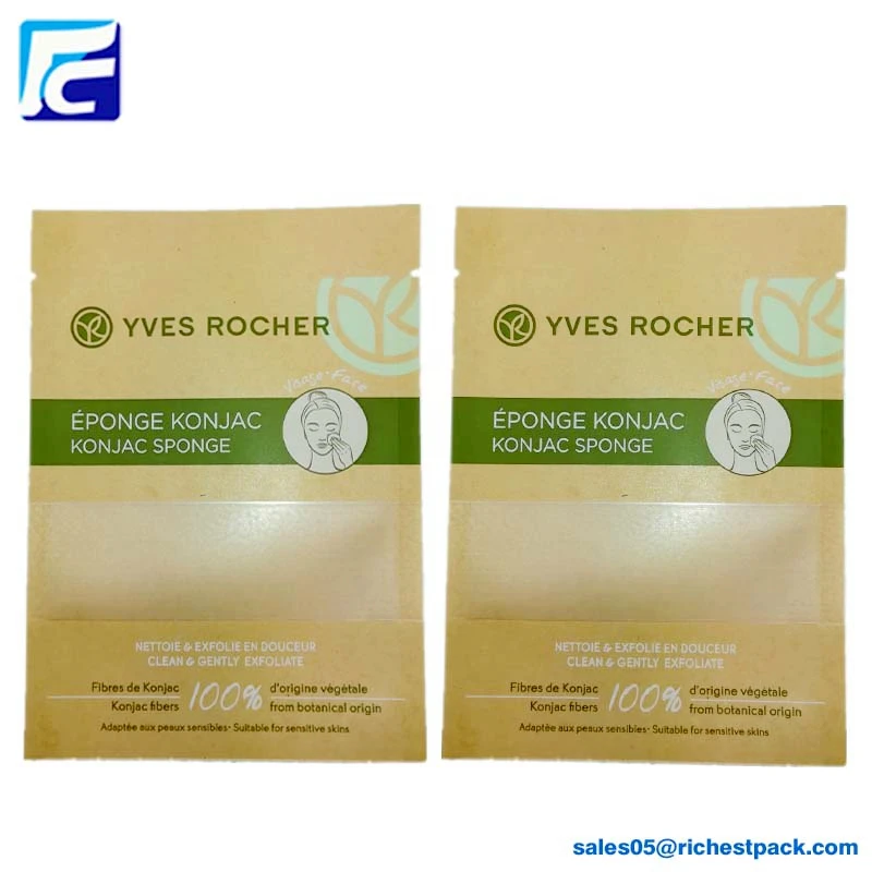 Resealable Kraft Paper Food Grade Three Side Seal Aluminum Foil Cookie Packaging Bags with Clear Window