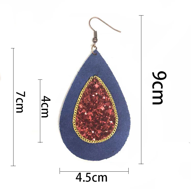 Colorful Long Fashion Cork Dangle Leather Glitter Chain Teardrop Leather Earrings