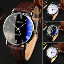 Hot Selling Good DealMen Roman Numerals Blu-Ray Faux Leather Band Quartz Analog Business Watch