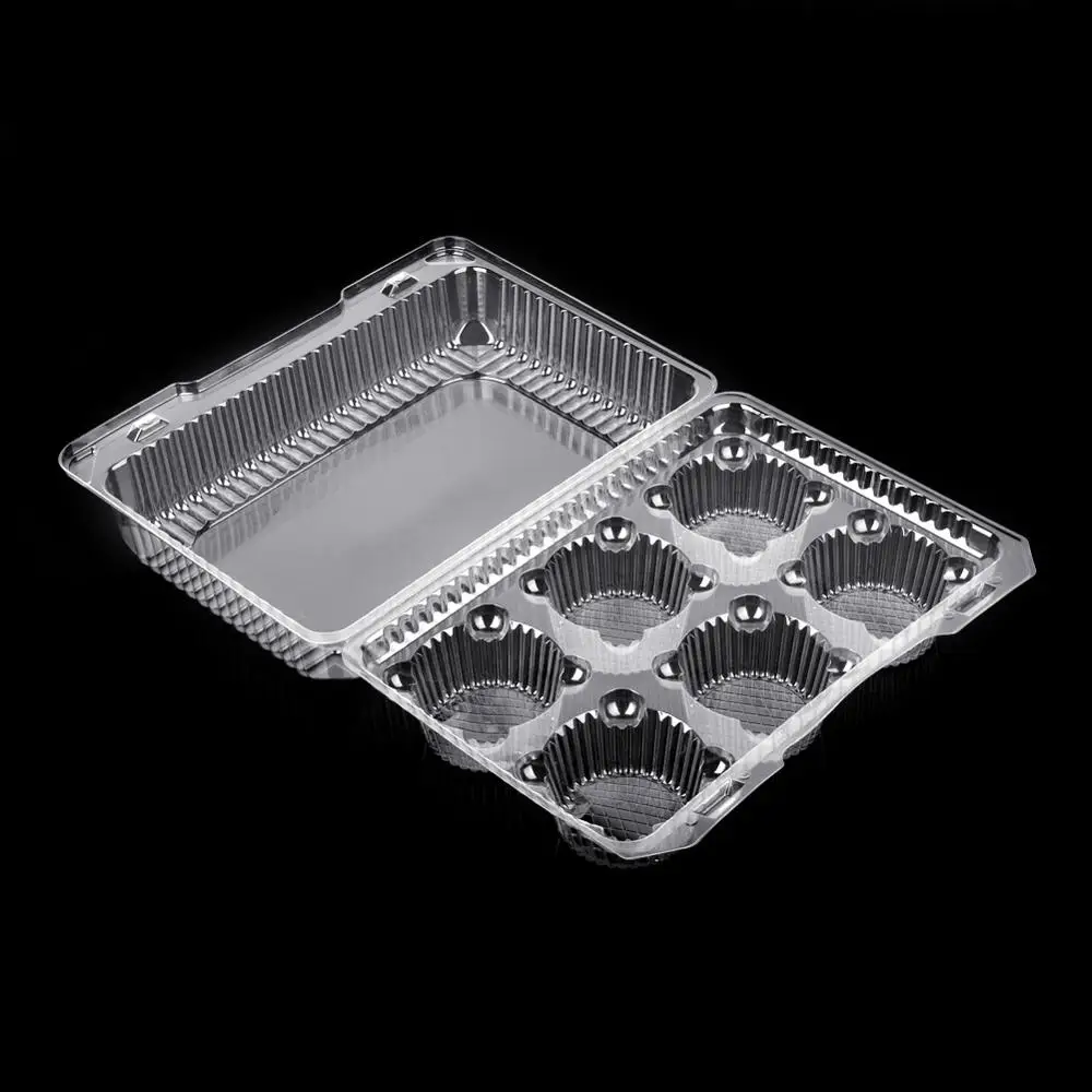 Disposable Bakery Plastic Hinged PET Blister 6 Hole Cupcake Container Boxes With Lid
