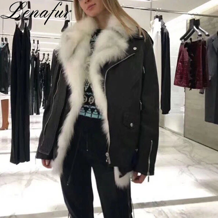 Italian Women Short Two-in-one Real Fox Fur Liner Lambskin Leather Jacket Genuine Sheepskin Leather Bomber Jacket Coat Jacket