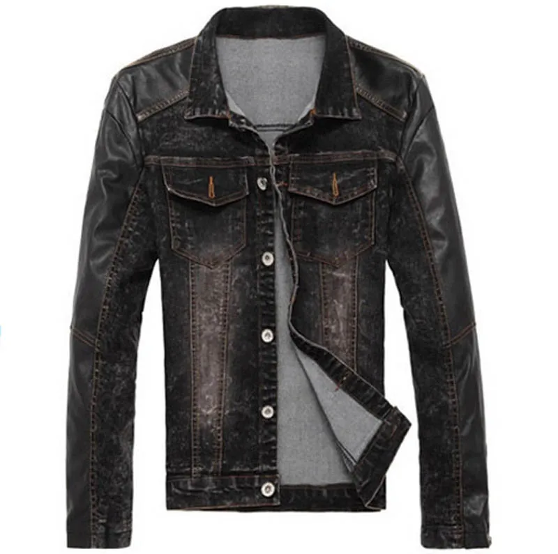 High Quality Men Leather Sleeves Denim Jacket