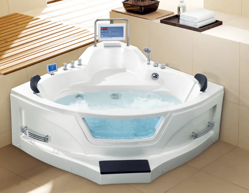 WOMA Q415 good price corner whirlpool massage bathtub 1.5x1.5m with TV