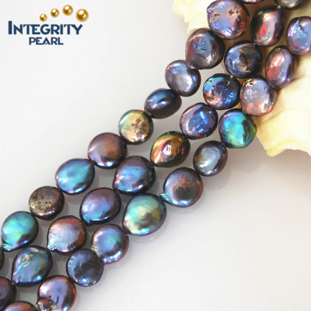 12-13mm peacock color coin natural freshwater pearl strands wholesale