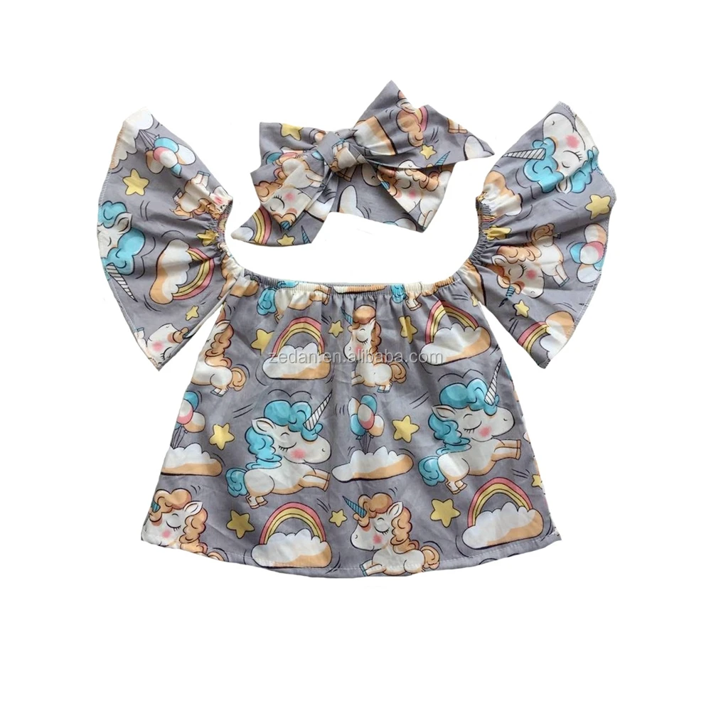 
baby girls Summer off shoulder top matching headband unicorn and rainbow printed cotton t-shirt crop tops 