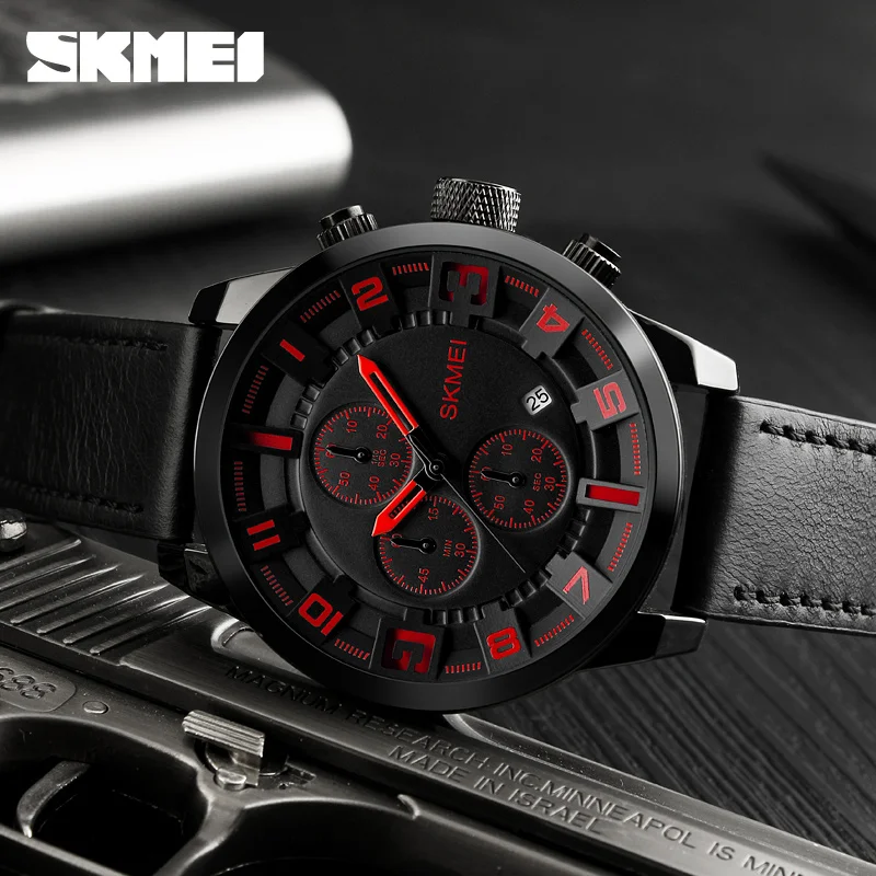 OEM accept SKMEI mens Watches Men Big Dial Stopwatch Leather Strap Waterproof  Male Clock  Men Fashion Watch Relogio Masculino