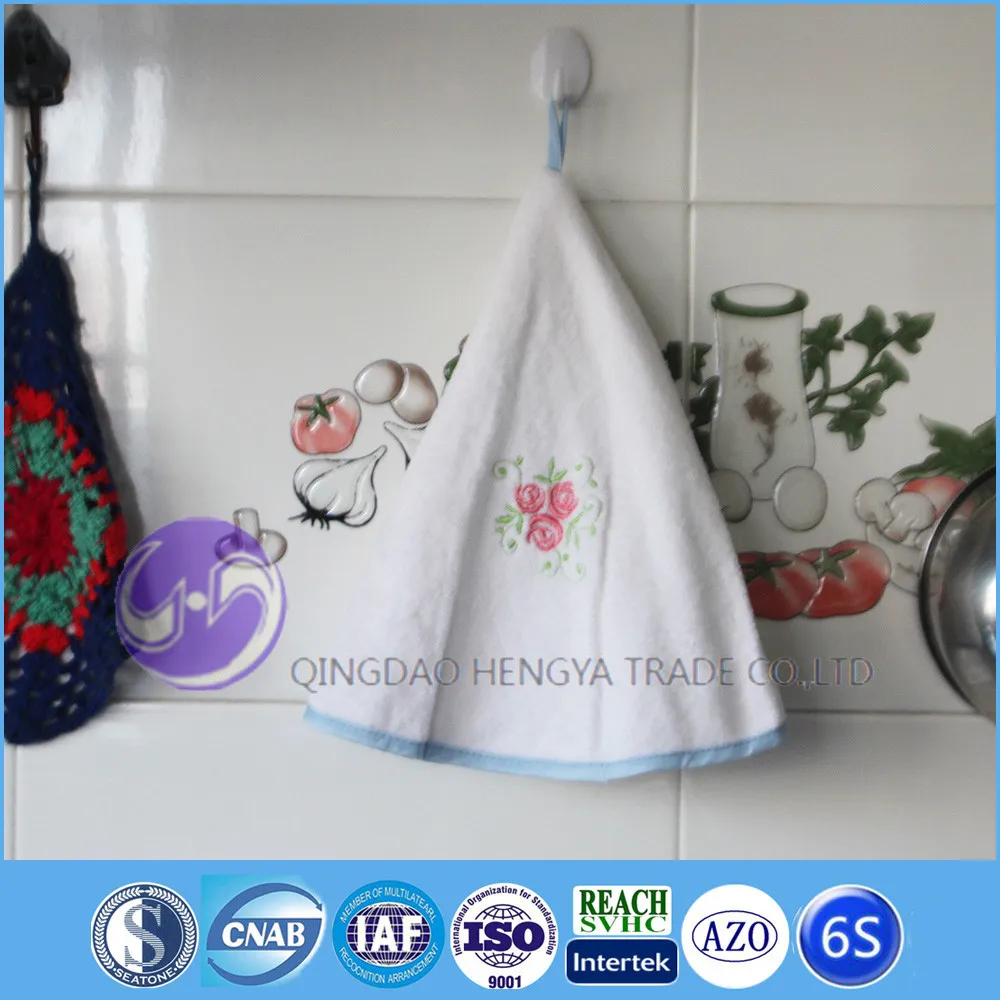 
hanging terry round embroidery cotton kitchen hand towels with loop/ties 