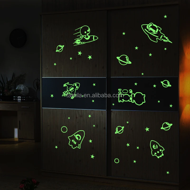Night Glowing Spaceship Moon Star Fluorescent Sticker For Living Room Decorative PVC Wallpaper