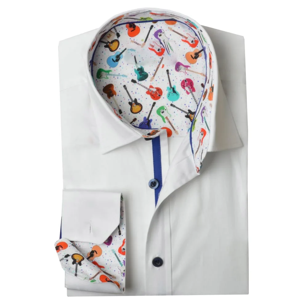 Tailored made casual  design cotton white paisley printed trim contrast color mens long sleeve shirt