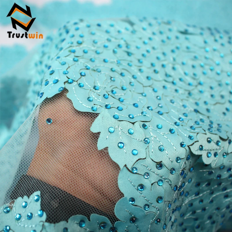 Bridal wedding material white lace with stones tulle fabric 3d lace